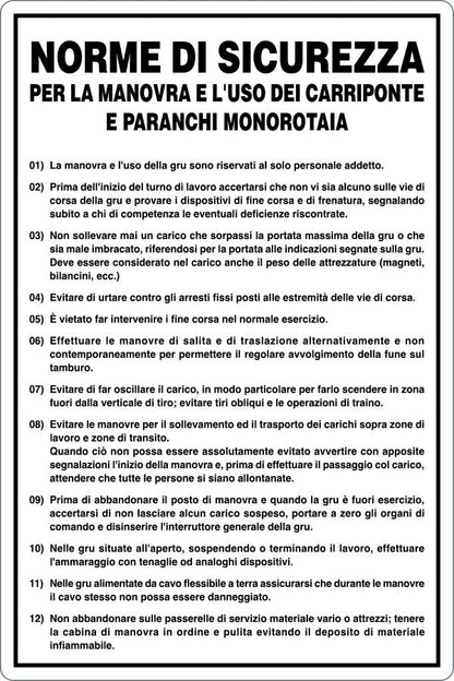 GLOBAL CARTELLO SEGNALETICO - MANOVRA ED USO CARROPONTE E PARANCHI MONOROTAIA - Adesivo Resistente, Pannello in Forex, Pannello In Alluminio