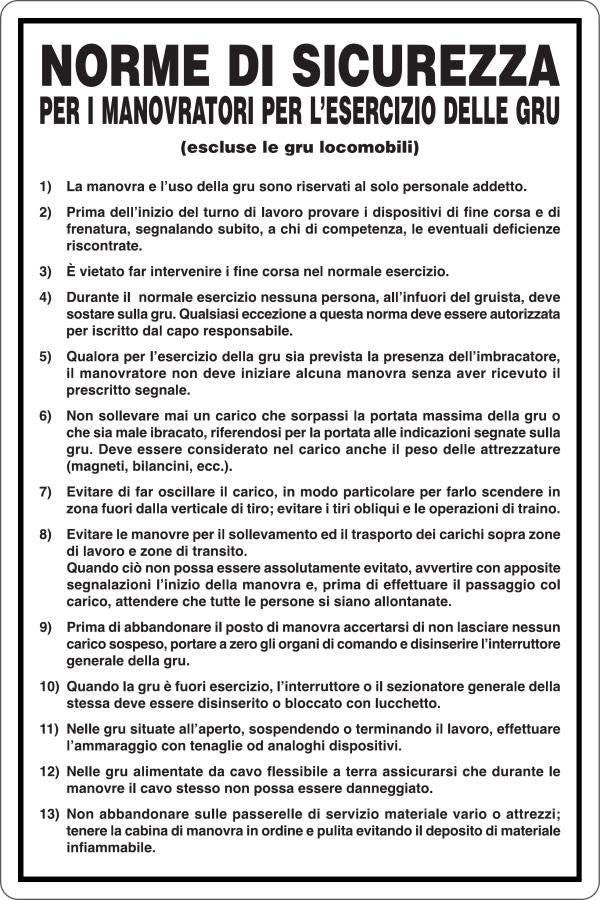 GLOBAL CARTELLO SEGNALETICO - MANOVRATORI GRU - NORME DI SICUREZZA - Adesivo Resistente, Pannello in Forex, Pannello In Alluminio