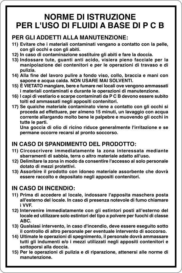 GLOBAL CARTELLO SEGNALETICO - NORME PER L'USO DI FLUIDI A BASE DI PCB - Adesivo Resistente, Pannello in Forex, Pannello In Alluminio