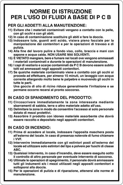 GLOBAL CARTELLO SEGNALETICO - NORME PER L'USO DI FLUIDI A BASE DI PCB - Adesivo Resistente, Pannello in Forex, Pannello In Alluminio