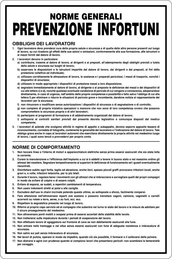 GLOBAL CARTELLO SEGNALETICO - NORME GENERALI PREVENZIONE INFORTUNI - Adesivo Resistente, Pannello in Forex, Pannello In Alluminio