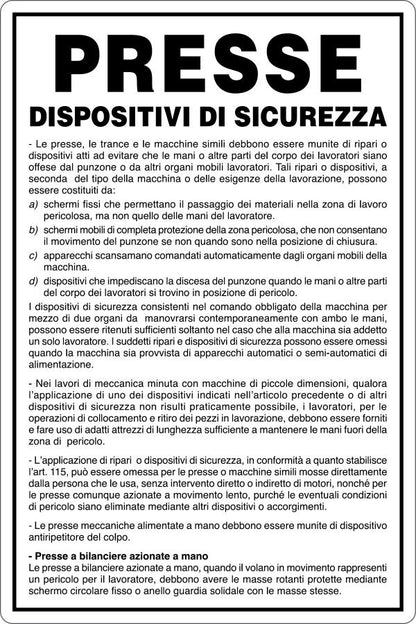 GLOBAL CARTELLO SEGNALETICO - PRESSE - DISPOSITIVI DI SICUREZZA - Adesivo Resistente, Pannello in Forex, Pannello In Alluminio