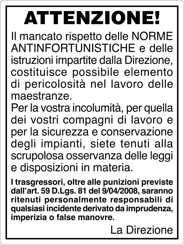 GLOBAL CARTELLO SEGNALETICO - ART.59 DLG 81 DEL 09.04.2008 - Adesivo Resistente, Pannello in Forex, Pannello In Alluminio
