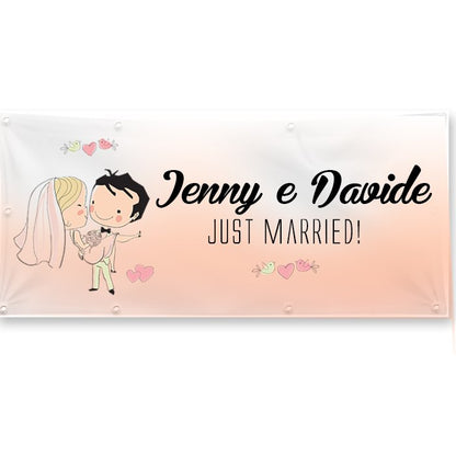 GLOBAL STRISCIONE FONDALE MATRIMONIO - JUST MARRIED - PERSONALIZZATO IN CARTA O IN BANNER PVC ANCHE DA ESTERNO GARANZIA 5 ANNI