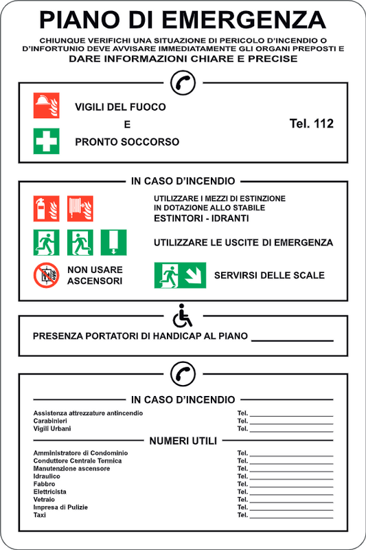 GLOBAL CARTELLO SEGNALETICO - PIANO DI EMERGENZA CON NUMERO UNICO - Adesivo Resistente, Pannello in Forex, Pannello In Alluminio