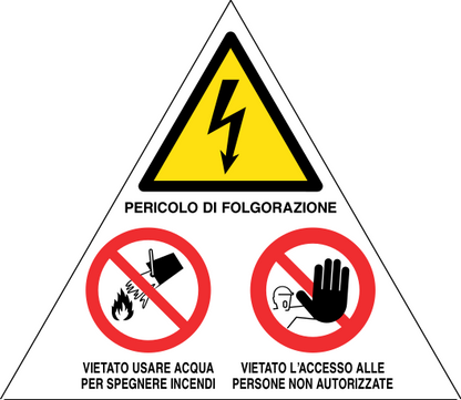 PERICOLI/DIVIETI PER CABINE ELETTRICHE - CARTELLO SEGNALETICO TRIANGOLO ISO 7010 - Adesivo Extra Resistente, Pannello in Forex, Pannello In Alluminio