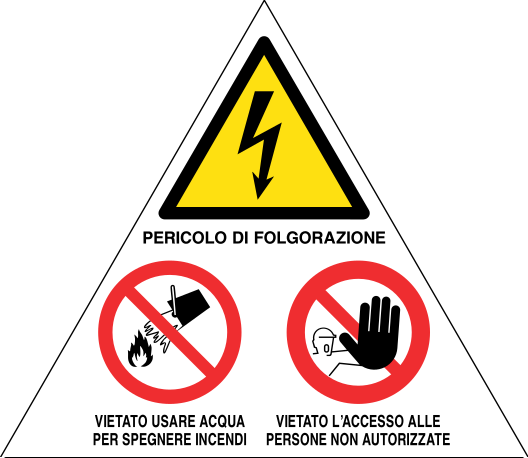 PERICOLI/DIVIETI PER CABINE ELETTRICHE - CARTELLO SEGNALETICO TRIANGOLO ISO 7010 - Adesivo Extra Resistente, Pannello in Forex, Pannello In Alluminio