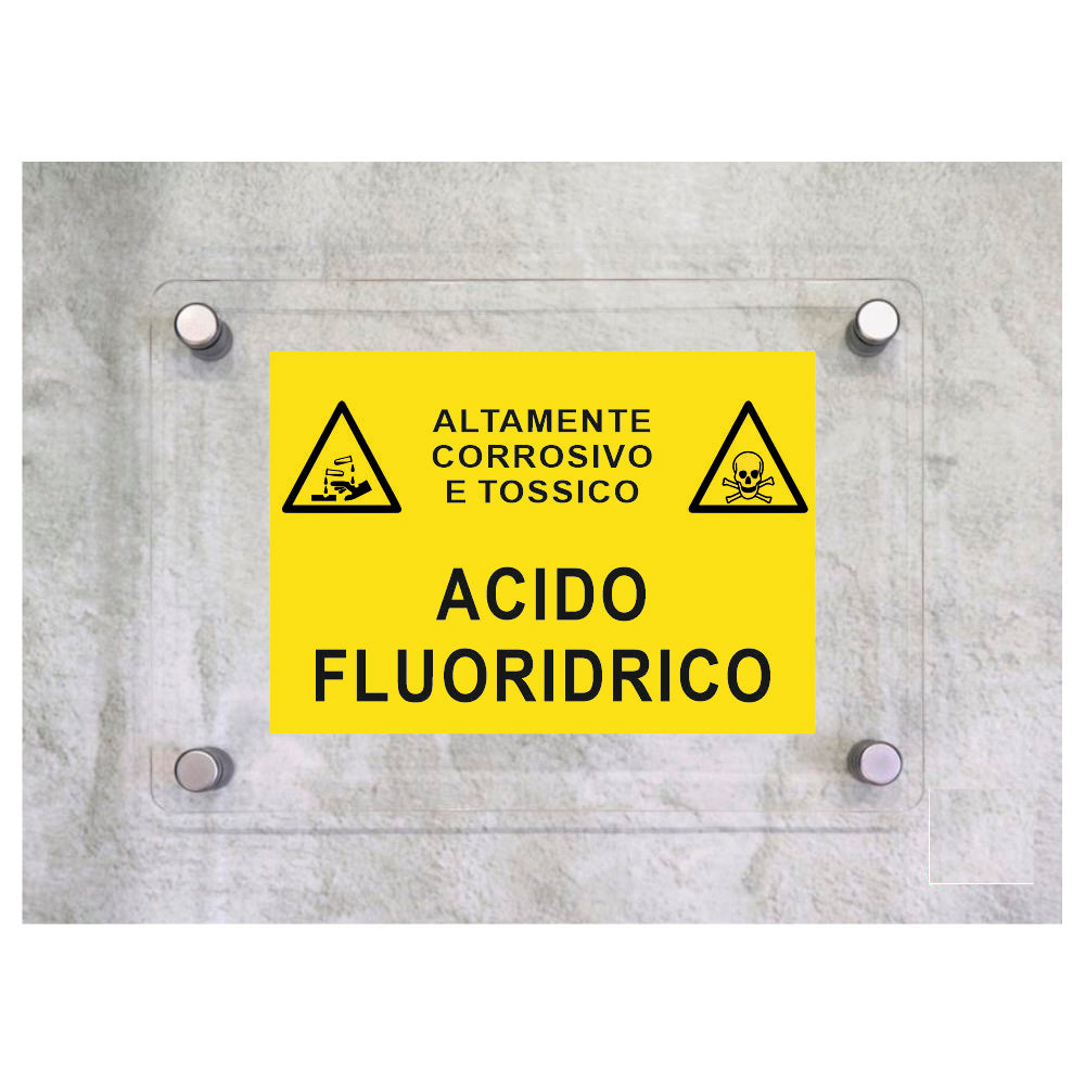 Global Targa Cartello in plexiglass - ACIDO FLUORIDRICO RETTANGOLARE - Con Distanziali in acciaio inox, Stampa UV