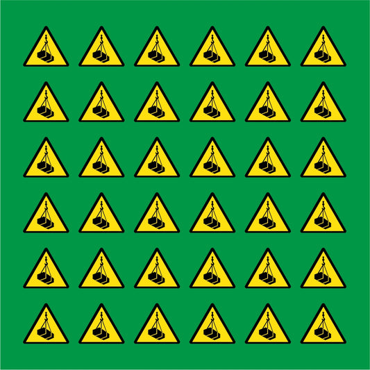 PACCO DA 6 KIT DI 6 ADESIVI TRIANGOLARI - ATTENZIONE AI CARICHI SOSPESI - Pittogramma ISO 7010 Con Stampa Diretta U.V.