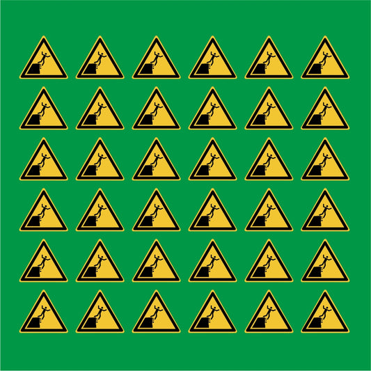 PACCO DA 6 KIT DI 6 ADESIVI TRIANGOLARI - Attenzione Bordo della scogliera instabile - Pittogramma ISO 7010 Con Stampa Diretta U.V.