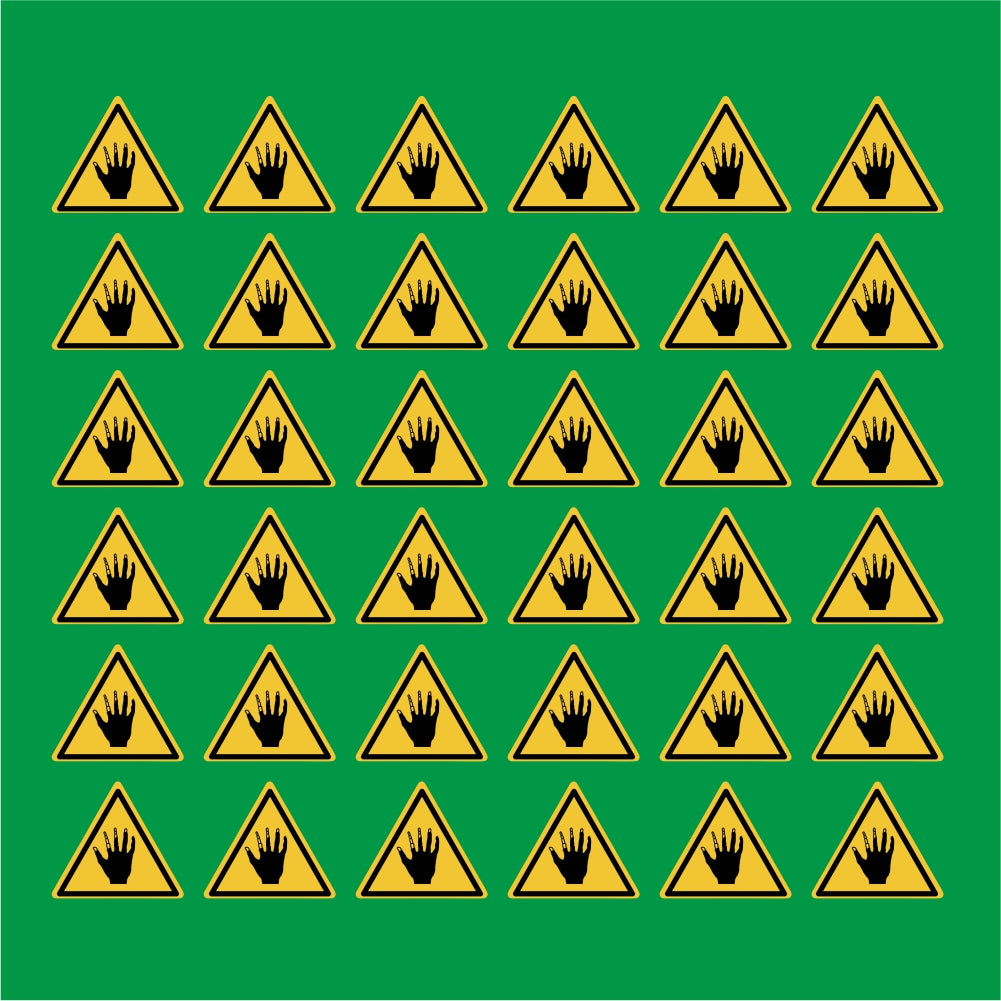 PACCO DA 6 KIT DI 6 ADESIVI TRIANGOLARI - Attenzione alle mani, acido - Pittogramma ISO 7010 Con Stampa Diretta U.V.