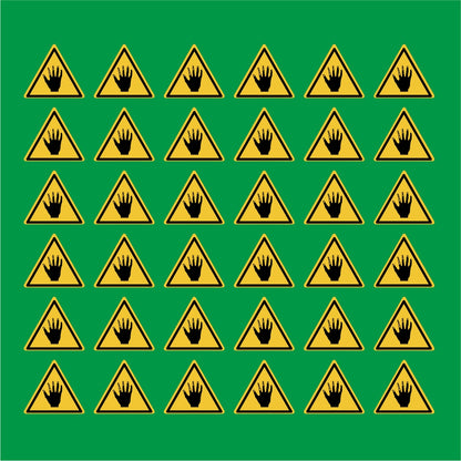 PACCO DA 6 KIT DI 6 ADESIVI TRIANGOLARI - Attenzione alle mani, acido - Pittogramma ISO 7010 Con Stampa Diretta U.V.