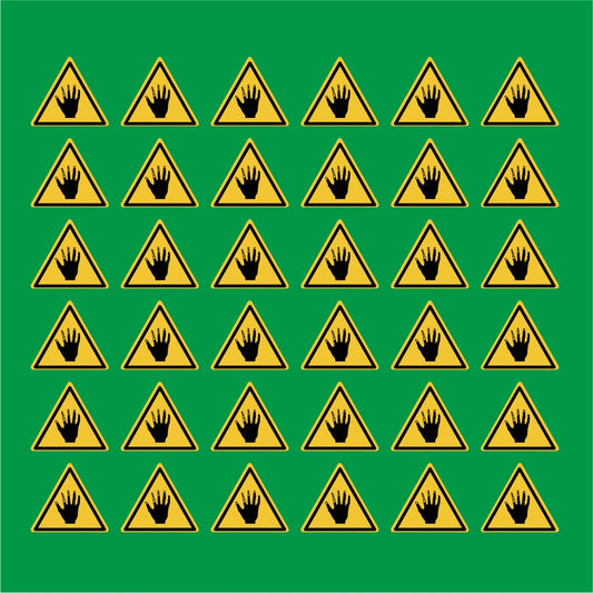 PACCO DA 6 KIT DI 6 ADESIVI TRIANGOLARI - Attenzione alle mani, acido - Pittogramma ISO 7010 Con Stampa Diretta U.V.