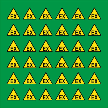PACCO DA 6 KIT DI 6 ADESIVI TRIANGOLARI - EX (ATMOSFERA ESPLOSIVA) - Pittogramma ISO 7010 Con Stampa Diretta U.V.