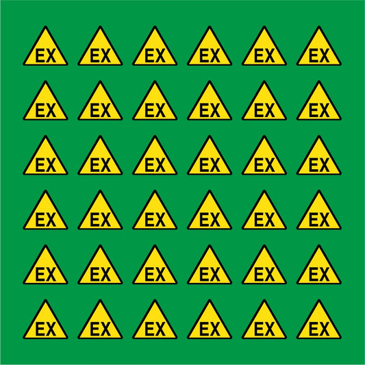 PACCO DA 6 KIT DI 6 ADESIVI TRIANGOLARI - EX (ATMOSFERA ESPLOSIVA) - Pittogramma ISO 7010 Con Stampa Diretta U.V.