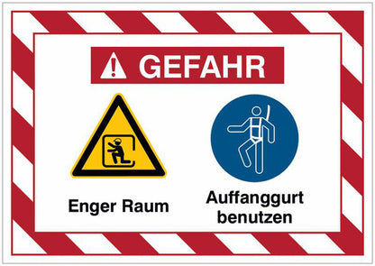 GLOBAL CARTELLO SEGNALETICO - Enger Raum, Auffanggurt benutzen - Mehrsymbolschilder mit Signalrahmen -  Adesivo Extra Resistente, Pannello in Forex, Pannello In Alluminio