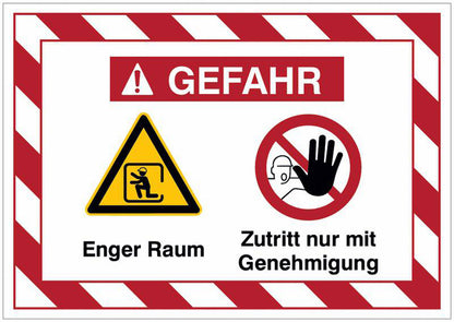 GLOBAL CARTELLO SEGNALETICO - Enger Raum, Zutritt nur mit Genehmigung - Mehrsymbolschilder mit Signalrahmen -  Adesivo Extra Resistente, Pannello in Forex, Pannello In Alluminio