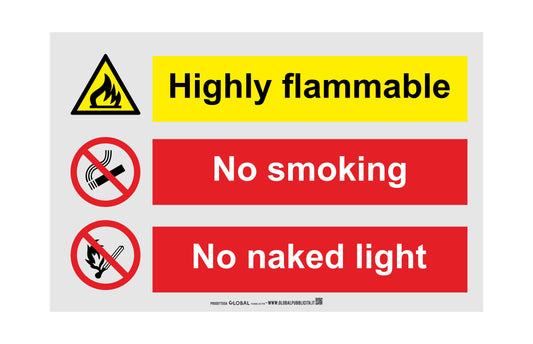 GLOBAL CARTELLO SEGNALETICO - Flammable No SmokingNo Naked Light  - Adesivo Extra Resistente, Pannello in Forex, Pannello In Alluminio