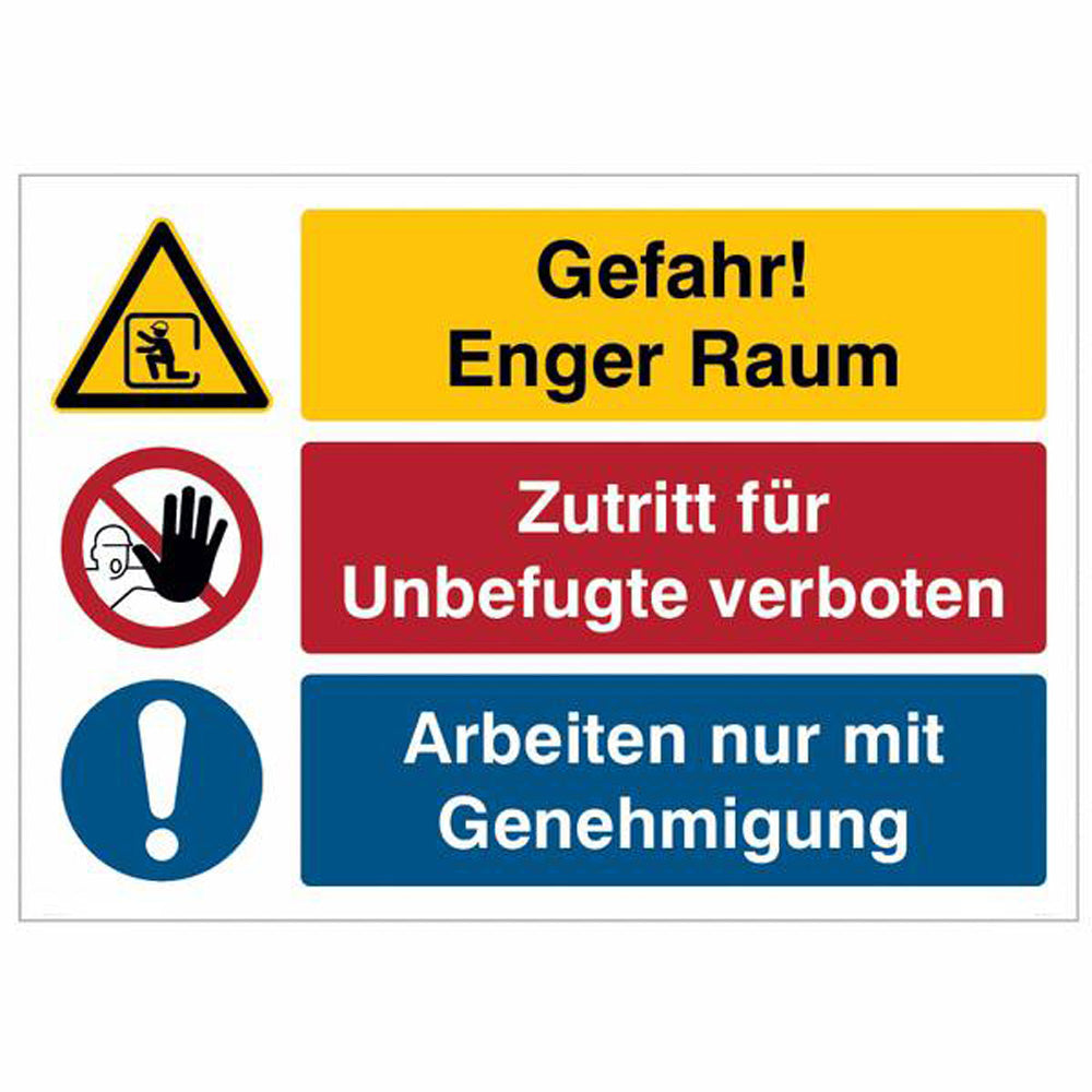 GLOBAL CARTELLO SEGNALETICO - Gefahr! Enger Raum, Zutritt für Unbefugte verboten, Arbeiten nur mit Genehmigung - Mehrsymbolschilder mit 2 Symbolen -  Adesivo Extra Resistente, Pannello in Forex, Pannello In Alluminio