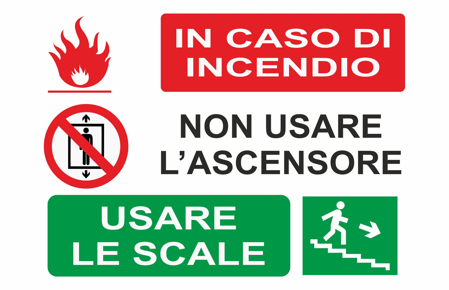 GLOBAL CARTELLO SEGNALETICO - IN CASO DI INCENDIO NON USARE L'ASCENSORE - Adesivo Extra Resistente, Pannello in Forex, Pannello In Alluminio