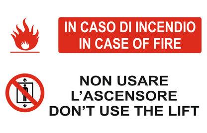 GLOBAL CARTELLO SEGNALETICO - IN CASO DI INCENDIO NON USARE L'ASCENSORE MULTILINGUE - Adesivo Extra Resistente, Pannello in Forex, Pannello In Alluminio