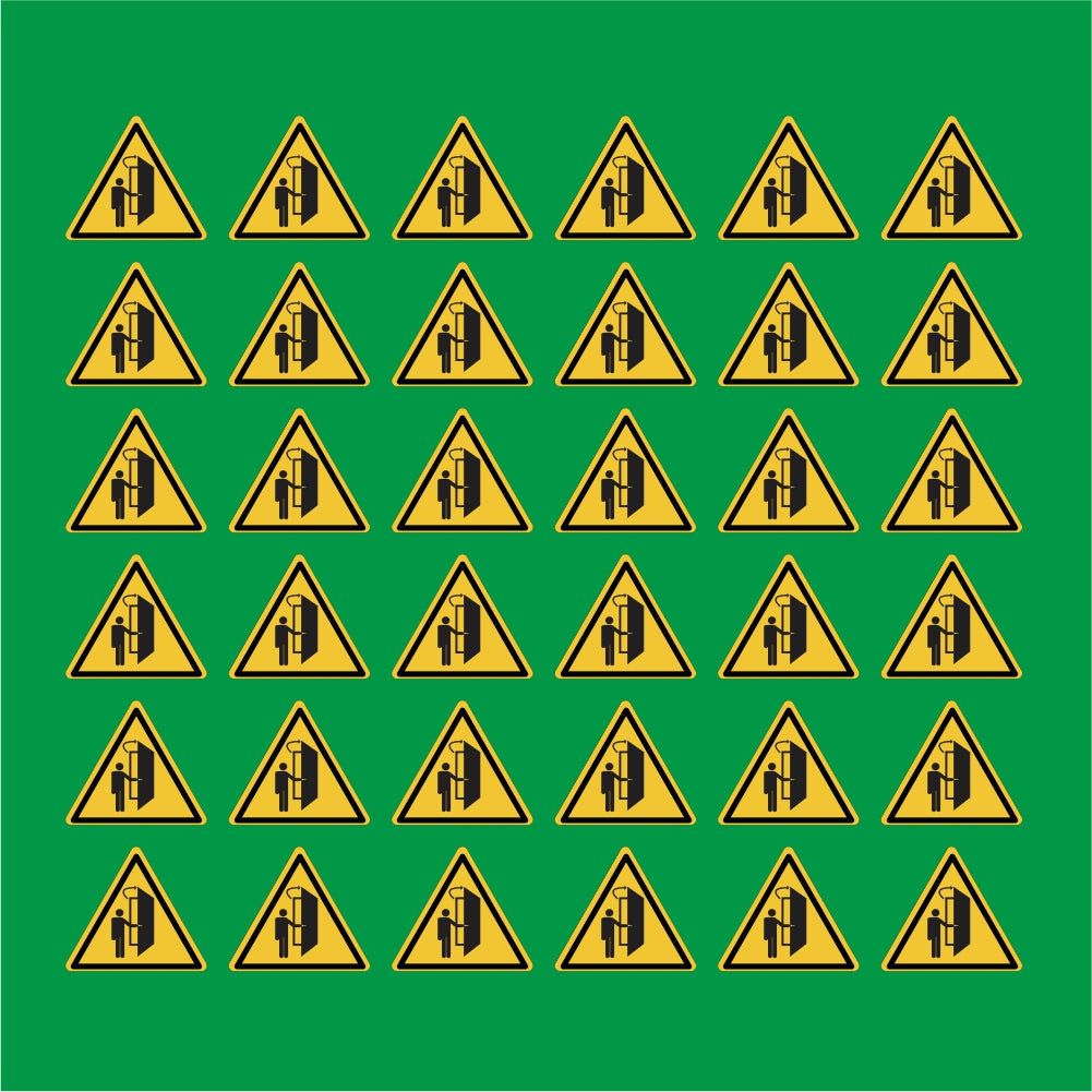 PACCO DA 6 KIT DI 6 ADESIVI TRIANGOLARI - La porta si apre nella vostra direzione - Pittogramma ISO 7010 Con Stampa Diretta U.V.