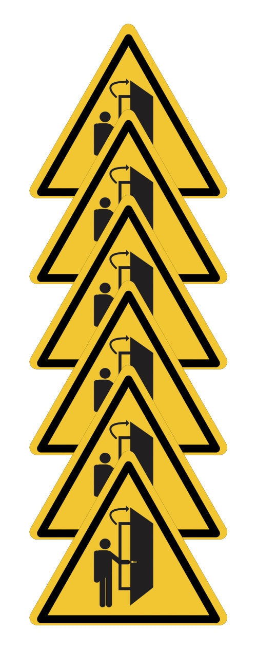 GLOBAL KIT DI 6 ADESIVI TRIANGOLARI - La porta si apre nella vostra direzione - Pittogramma ISO 7010 Con Stampa Diretta U.V. (IDEALE ANCHE PER ESTERNO)