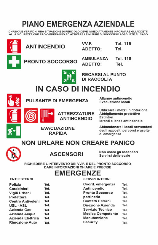 GLOBAL CARTELLO SEGNALETICO - MULTISIMBOLO piano emergenza aziendale - Adesivo Extra Resistente, Pannello in Forex, Pannello In Alluminio