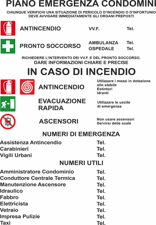 GLOBAL CARTELLO SEGNALETICO - Multisimbolo piano emergenza condomini - Adesivo Extra Resistente, Pannello in Forex, Pannello In Alluminio