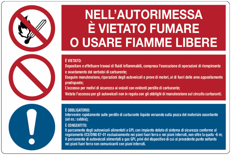 GLOBAL CARTELLO SEGNALETICO - Nell'autorimessa è vietato fumare e usare fiamme libere - Adesivo Extra Resistente, Pannello in Forex, Pannello In Alluminio