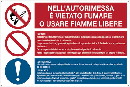 GLOBAL CARTELLO SEGNALETICO - Nell'autorimessa è vietato fumare e usare fiamme libere - Adesivo Extra Resistente, Pannello in Forex, Pannello In Alluminio