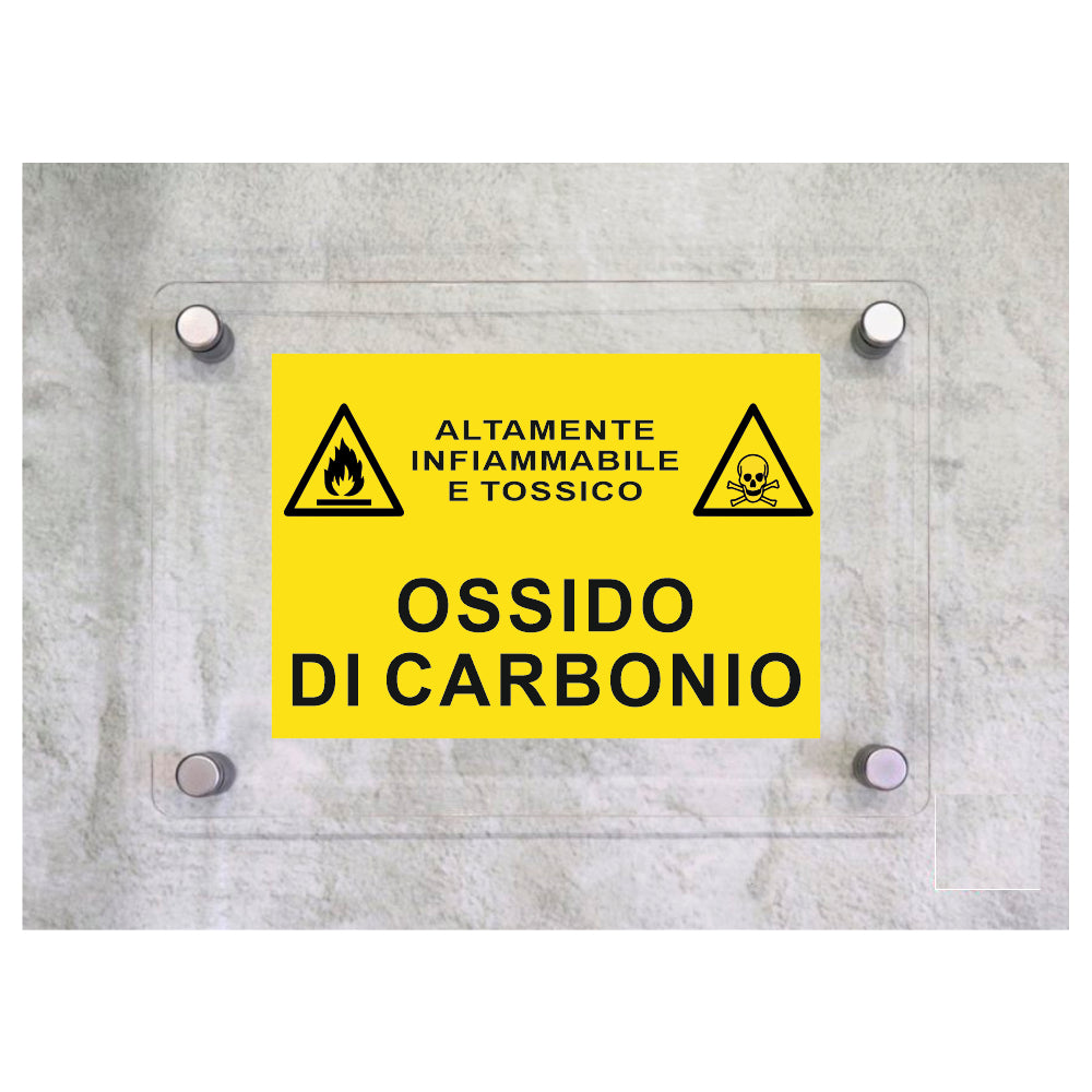 Global Targa Cartello in plexiglass - OSSIDO DI CARBONIO RETTANGOLARE - Con Distanziali in acciaio inox, Stampa UV