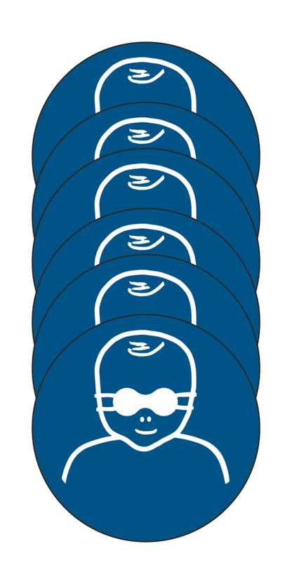 GLOBAL KIT DI 6 ADESIVI ROTONDI - Occhiali protettivi con lenti opache per bambini obbligatori - Pittogramma ISO 7010 Con Stampa Diretta U.V. (IDEALE ANCHE PER ESTERNO)