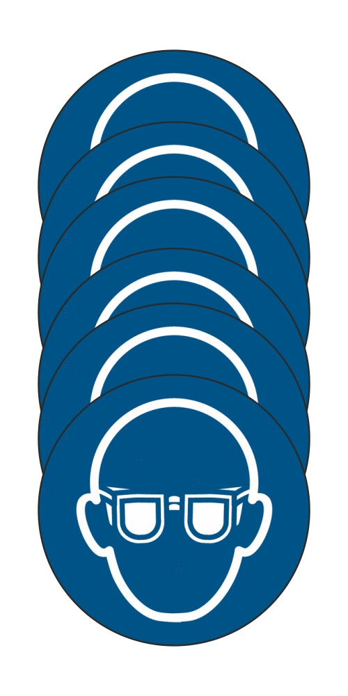 GLOBAL KIT DI 6 ADESIVI ROTONDI - Occhiali protettivi obbligatori - Pittogramma ISO 7010 Con Stampa Diretta U.V. (IDEALE ANCHE PER ESTERNO)