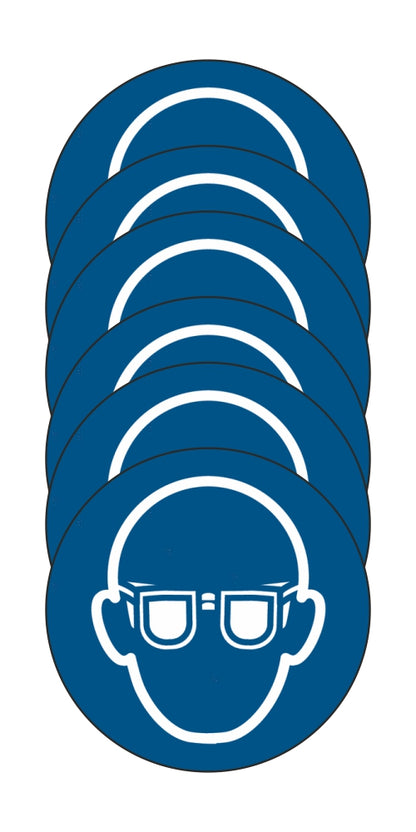 GLOBAL KIT DI 6 ADESIVI ROTONDI - Occhiali protettivi obbligatori - Pittogramma ISO 7010 Con Stampa Diretta U.V. (IDEALE ANCHE PER ESTERNO)