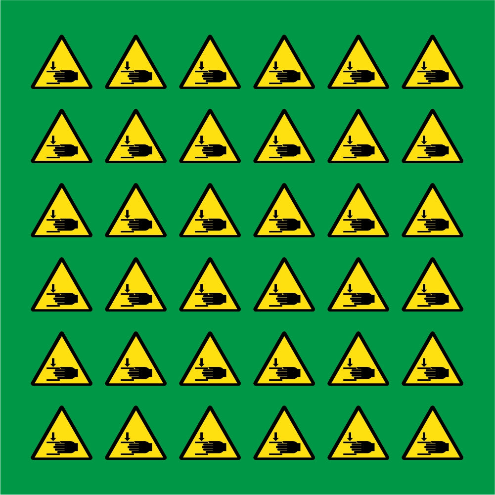 PACCO DA 6 KIT DI 6 ADESIVI TRIANGOLARI - PERICOLO ATTENZIONE ALLE MANI  - Pittogramma ISO 7010 Con Stampa Diretta U.V.