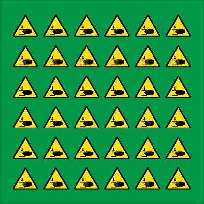 PACCO DA 6 KIT DI 6 ADESIVI TRIANGOLARI - PERICOLO ATTENZIONE ALLE MANI  - Pittogramma ISO 7010 Con Stampa Diretta U.V.