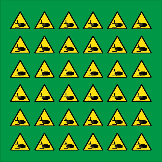 PACCO DA 6 KIT DI 6 ADESIVI TRIANGOLARI - PERICOLO ATTENZIONE ALLE MANI  - Pittogramma ISO 7010 Con Stampa Diretta U.V.