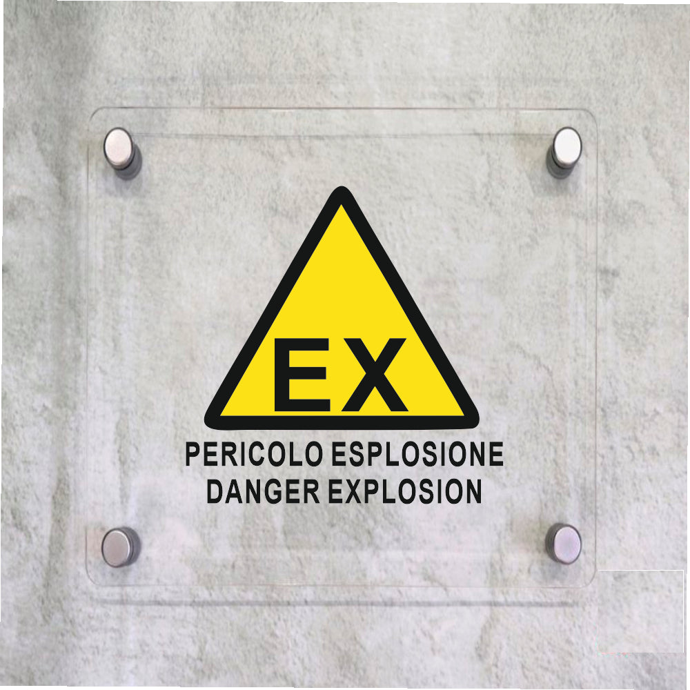 Global Targa Cartello in plexiglass Quadrato - PERICOLO ESPLOSIONE DANGER EXPLOSION - Con Distanziali in acciaio inox, Stampa UV