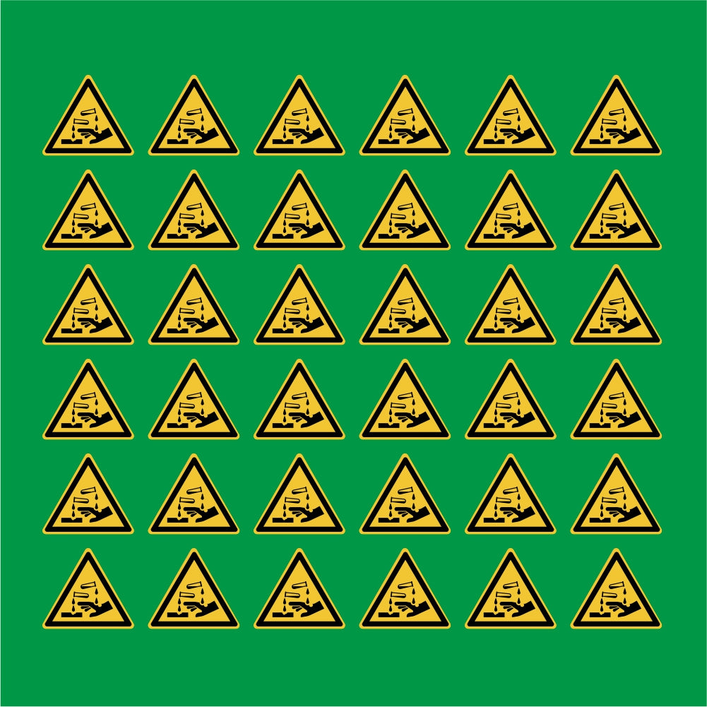 PACCO DA 6 KIT DI 6 ADESIVI TRIANGOLARI - Pericolo Sostanze corrosive - Pittogramma ISO 7010 Con Stampa Diretta U.V.