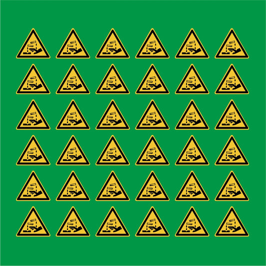 PACCO DA 6 KIT DI 6 ADESIVI TRIANGOLARI - Pericolo Sostanze corrosive - Pittogramma ISO 7010 Con Stampa Diretta U.V.