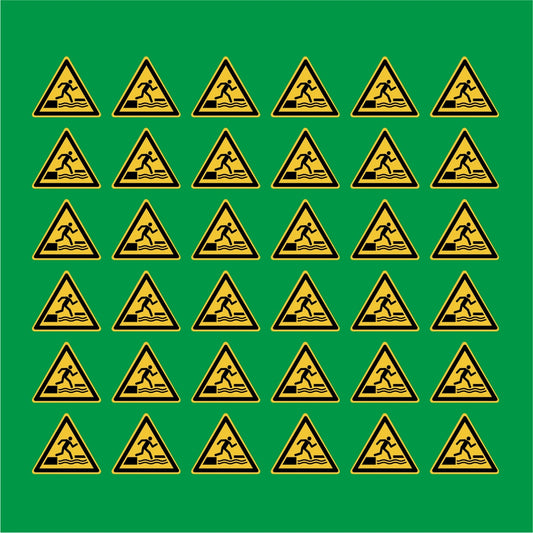 PACCO DA 6 KIT DI 6 ADESIVI TRIANGOLARI - Pericolo di caduta in acqua salendo o scendendo da una superficie galleggiante - Pittogramma ISO 7010 Con Stampa Diretta U.V.