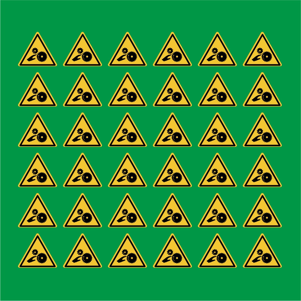 PACCO DA 6 KIT DI 6 ADESIVI TRIANGOLARI - Pericolo di schiacciamento, rulli dentati - Pittogramma ISO 7010 Con Stampa Diretta U.V.