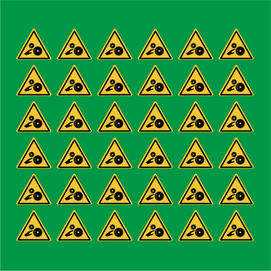 PACCO DA 6 KIT DI 6 ADESIVI TRIANGOLARI - Pericolo di schiacciamento, rulli dentati - Pittogramma ISO 7010 Con Stampa Diretta U.V.