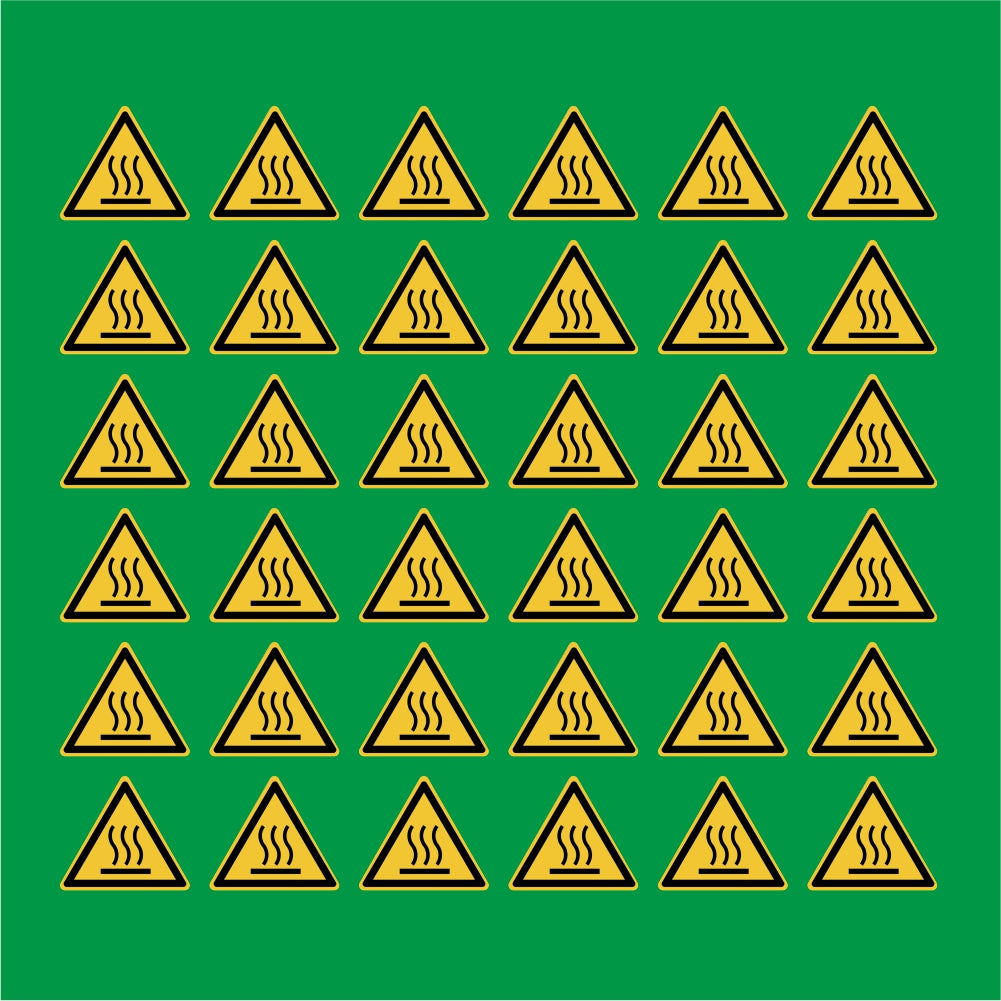 PACCO DA 6 KIT DI 6 ADESIVI TRIANGOLARI - Pericolo di ustione - Pittogramma ISO 7010 Con Stampa Diretta U.V.