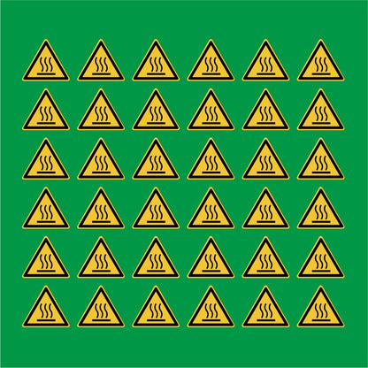 PACCO DA 6 KIT DI 6 ADESIVI TRIANGOLARI - Pericolo di ustione - Pittogramma ISO 7010 Con Stampa Diretta U.V.