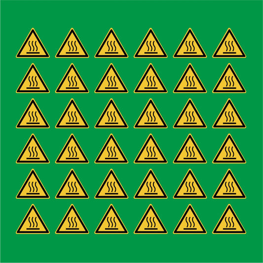 PACCO DA 6 KIT DI 6 ADESIVI TRIANGOLARI - Pericolo di ustione - Pittogramma ISO 7010 Con Stampa Diretta U.V.