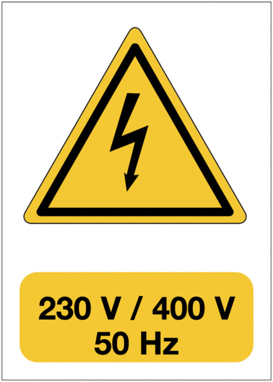 GLOBAL CARTELLO SEGNALETICO - Pericolo elettrico - 230 V  400 V  50 Hz - Adesivo Extra Resistente, Pannello in Forex, Pannello In Alluminio