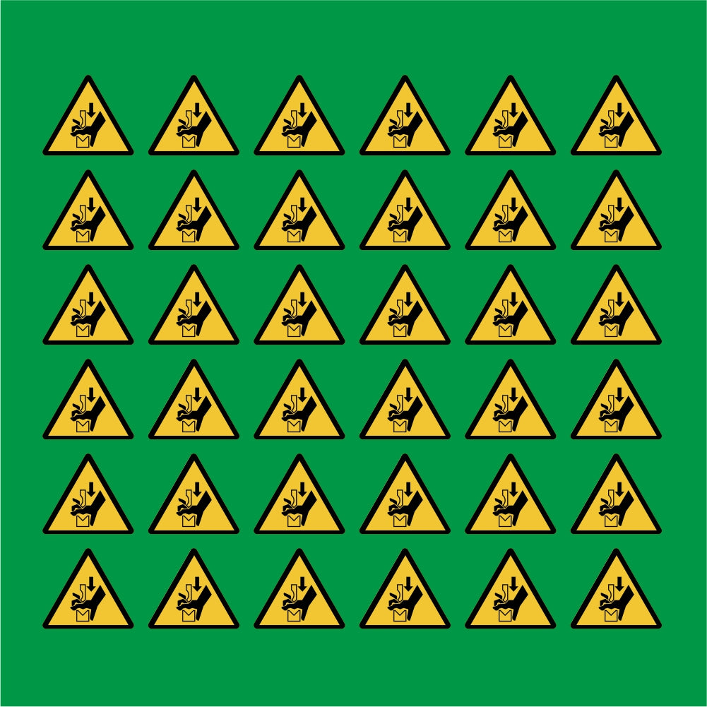 PACCO DA 6 KIT DI 6 ADESIVI TRIANGOLARI - Pericolo schiacciamento della mano nell'ingranaggio della pressa piegatrice - Pittogramma ISO 7010 Con Stampa Diretta U.V.