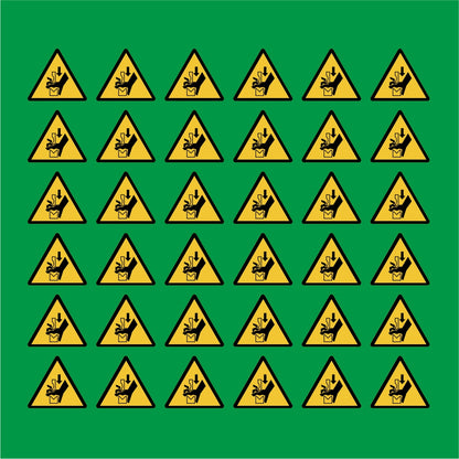 PACCO DA 6 KIT DI 6 ADESIVI TRIANGOLARI - Pericolo schiacciamento della mano nell'ingranaggio della pressa piegatrice - Pittogramma ISO 7010 Con Stampa Diretta U.V.